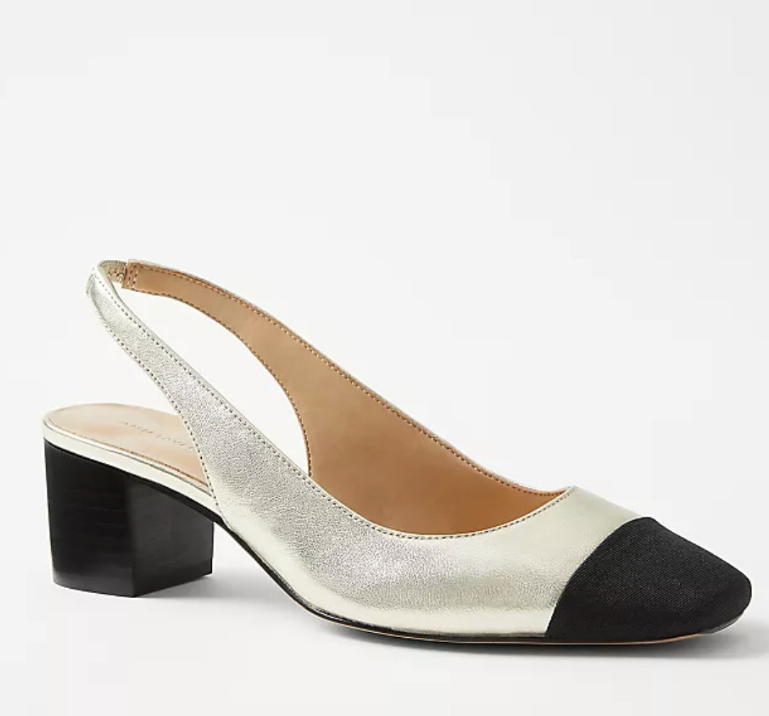 ANN TAYLOR METALLIC LEATHER CAP TOE SLINGBACK BLOCK HEEL PUMPS HEELS SHOES 9