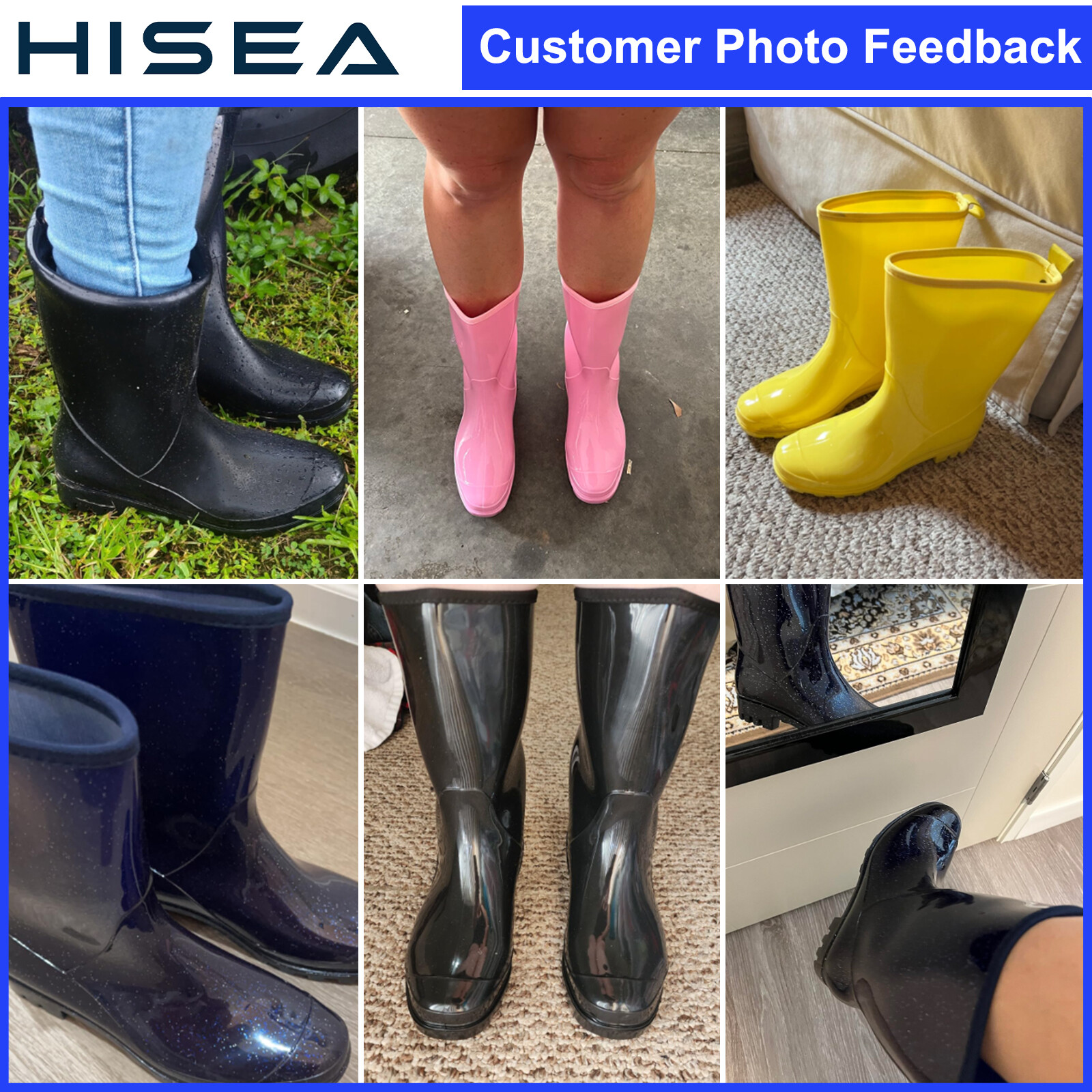 HISEA Women Waterproof Rain Boots Glossy Mid-Calf Wellies Non-Slip Garden Shoes