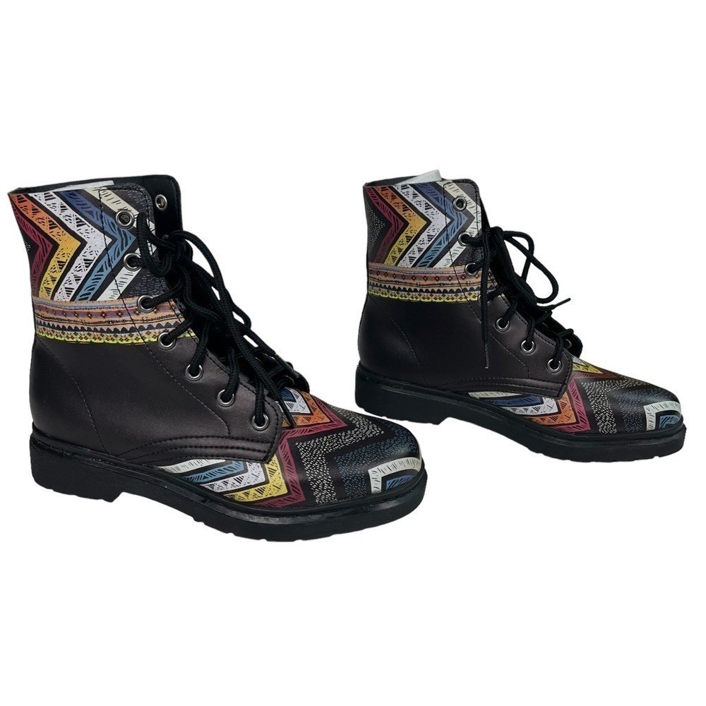 Yes We Vibe Boots Women Size 8.5 Boho Black and Multicolor Combat Lace Up Shoes