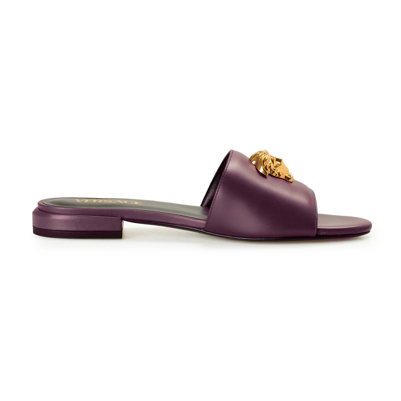 Versace Women’s Plum Purple Gold Medusa Heeled Sandals Mules Shoes US 8 IT 38
