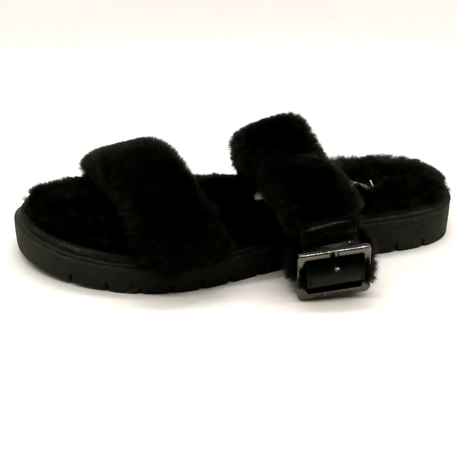 Anne Klein Womens Sandals Skyler Black Faux Fur Straps Buckle Slide Flat Heel 5