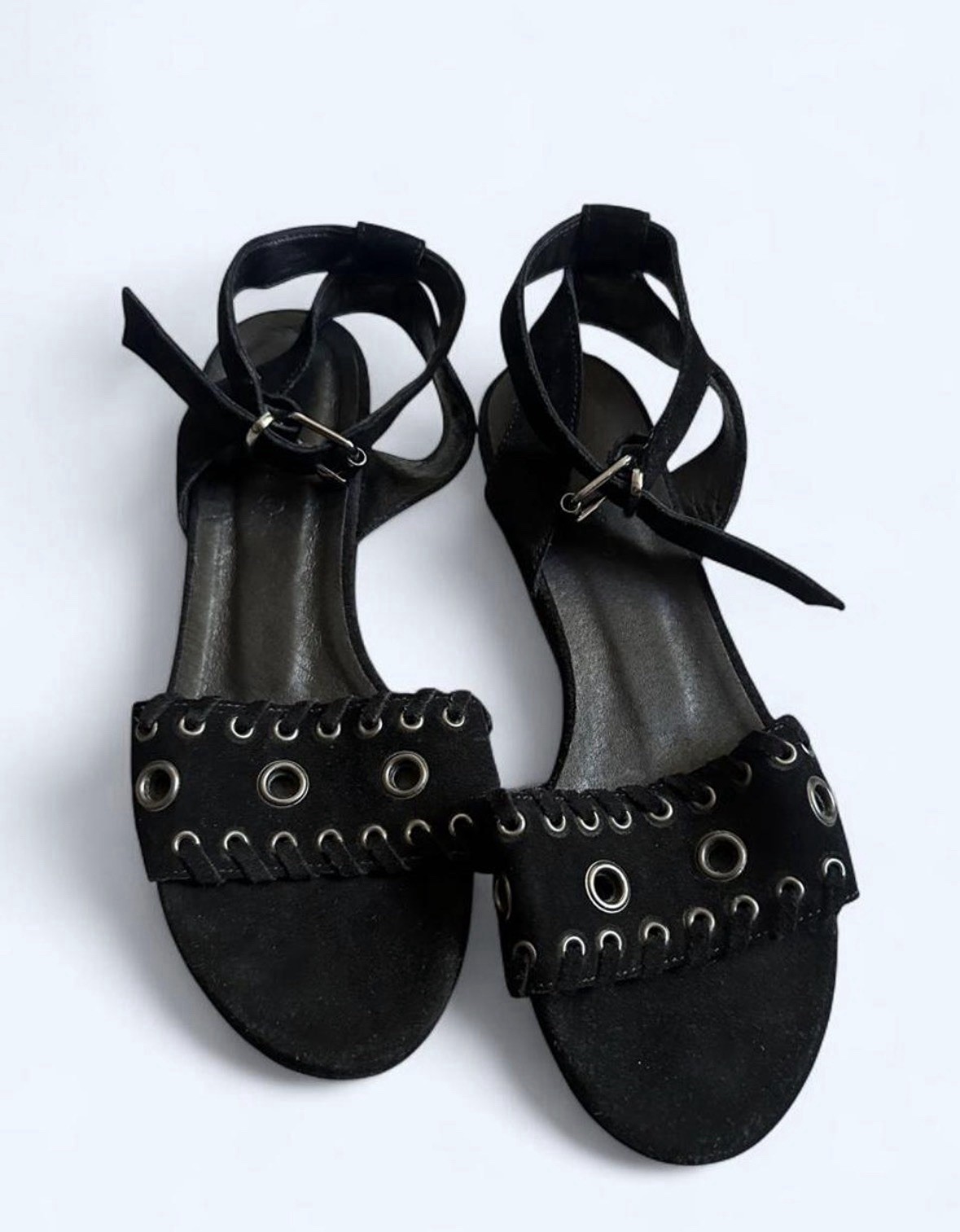AllSaints Women’s Black Suede Wedge Sandals Ankle Strap Buckle Eyelet 9