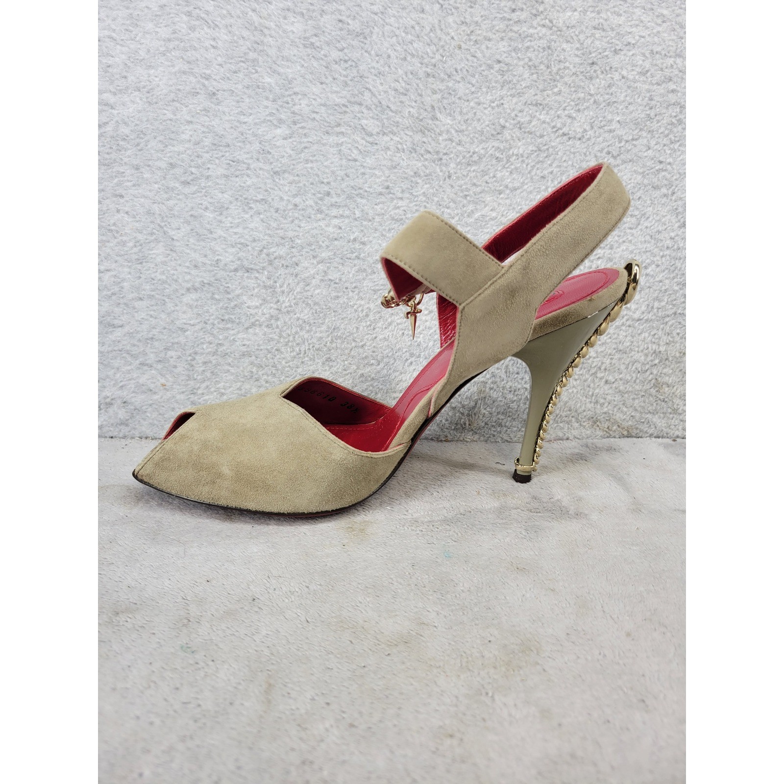Cesare Paciotti 898610 Tan Suede Gold Chain Heel Peep Toe Slingback 8.5