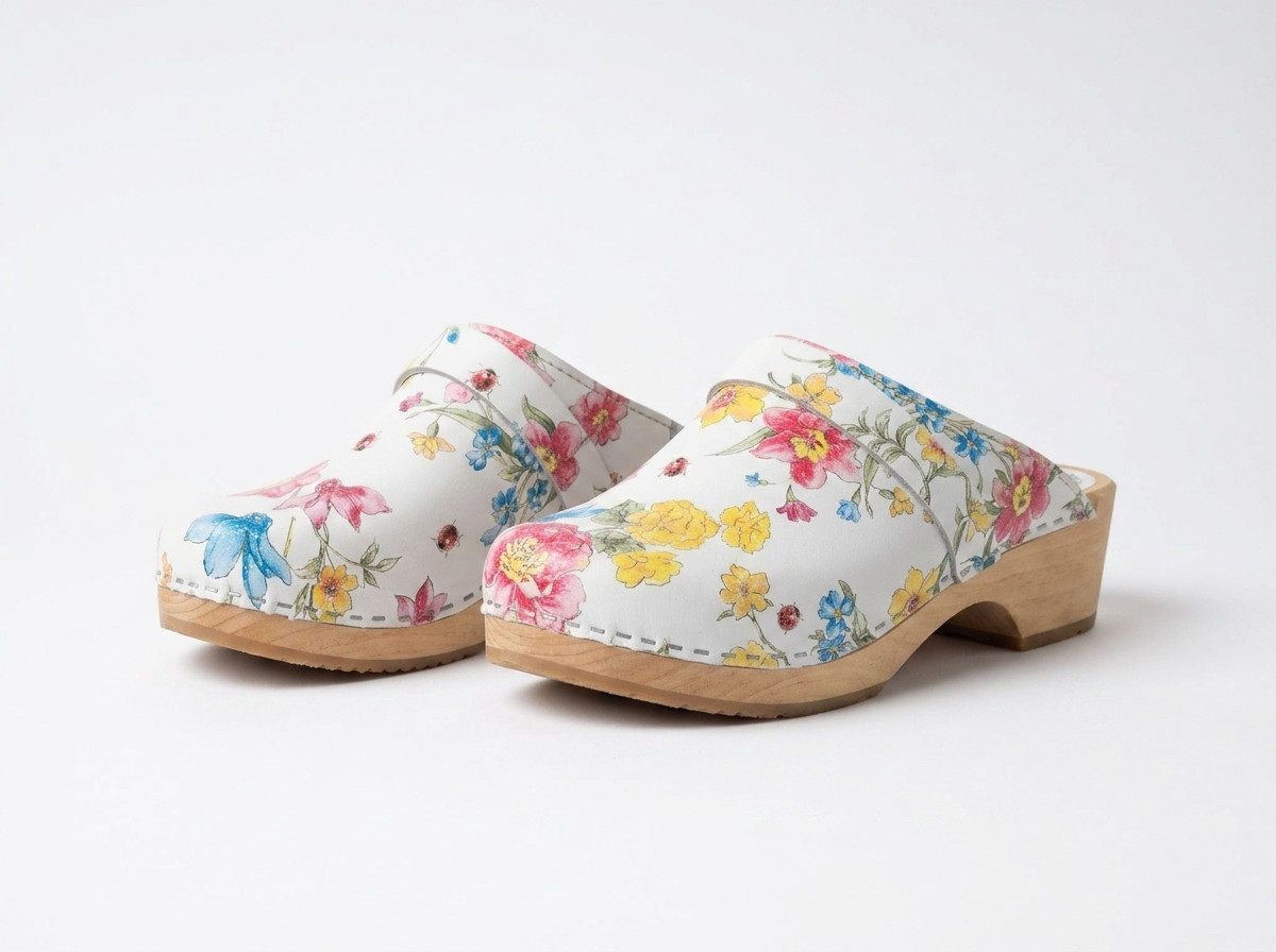 Swedish Wooden Clogs Träskor Sommarblomma – Handmade Floral Leather Clogs