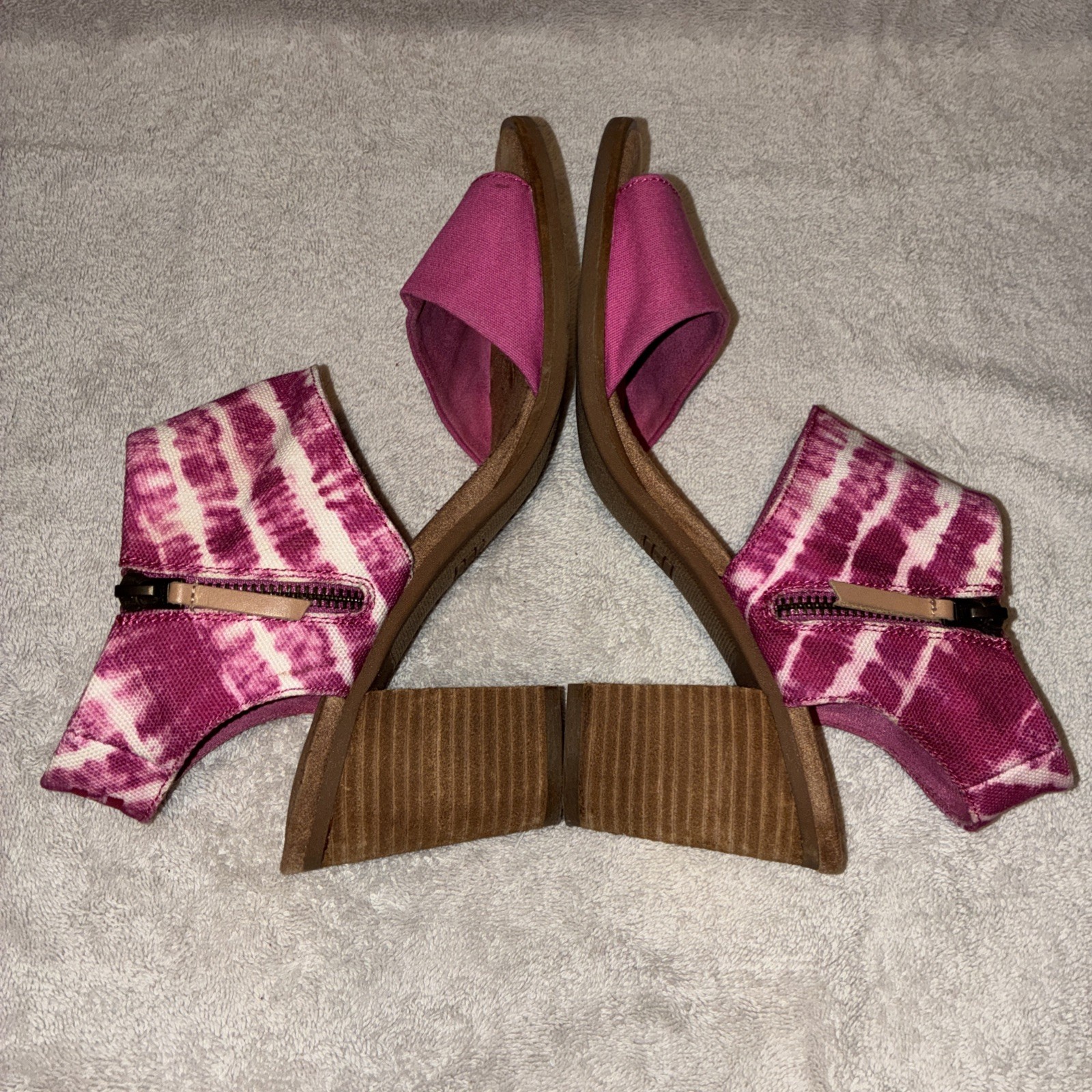Toms Majorca Pink Tie Dye Cut Out Block Heel Sandals Zip Sides Sz 10 Boho Hippie