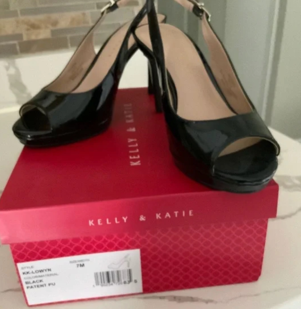 Katie & Kelly Black Peep toe Sling back pump heels, platform 3″covered heels