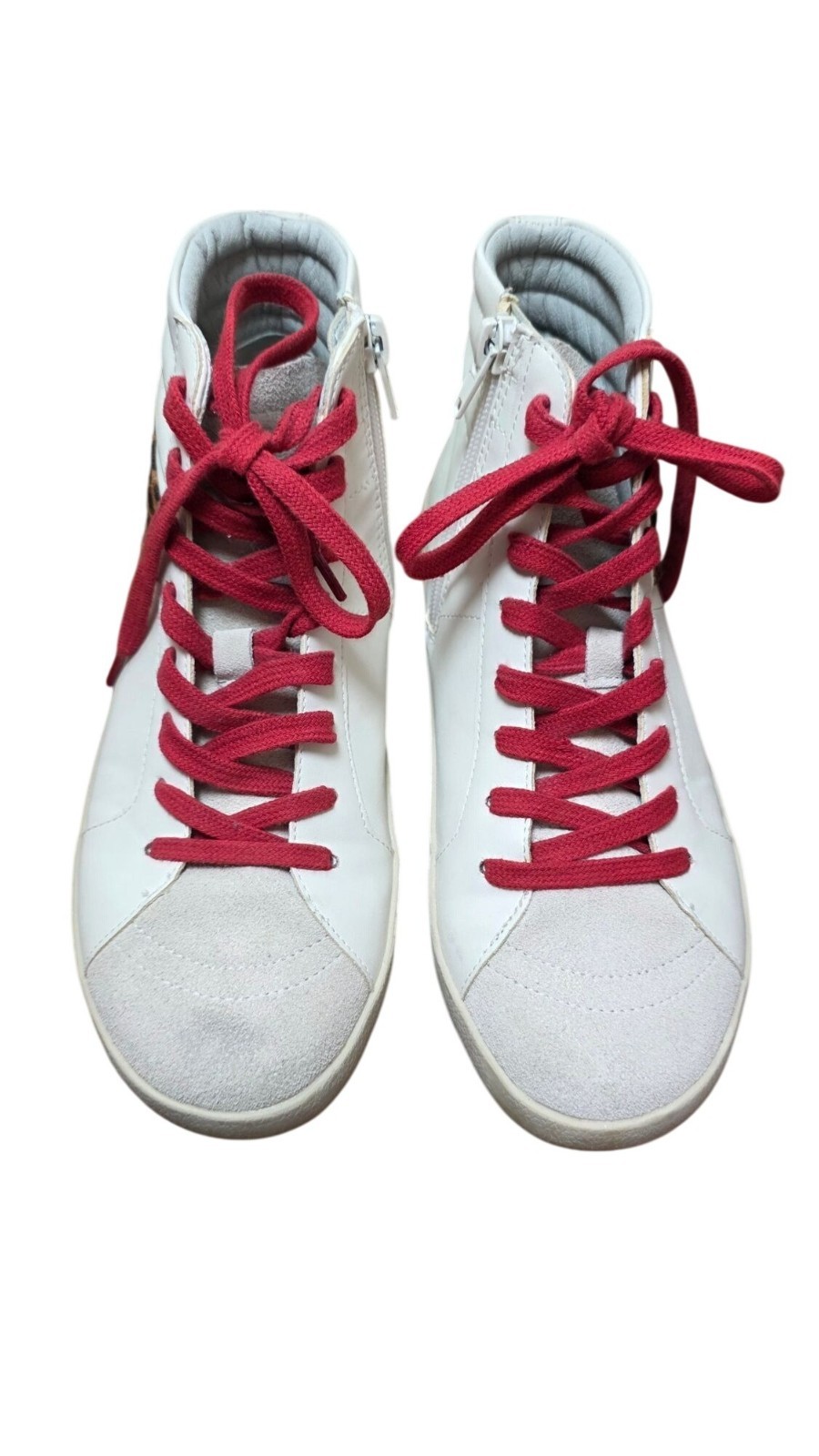 Steve Madden Bumping White High-Top Sneakers Red Laces & Leopard Accent Size 5