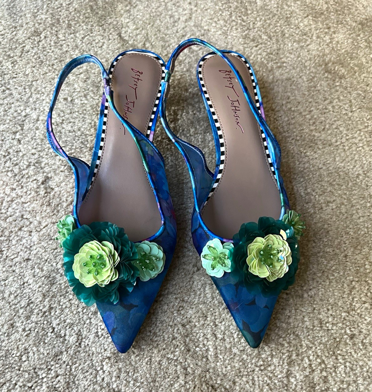 Betsey Johnson Blue Green Floral Pointed Toe Slingback Heels Women 9 Pre-Owned