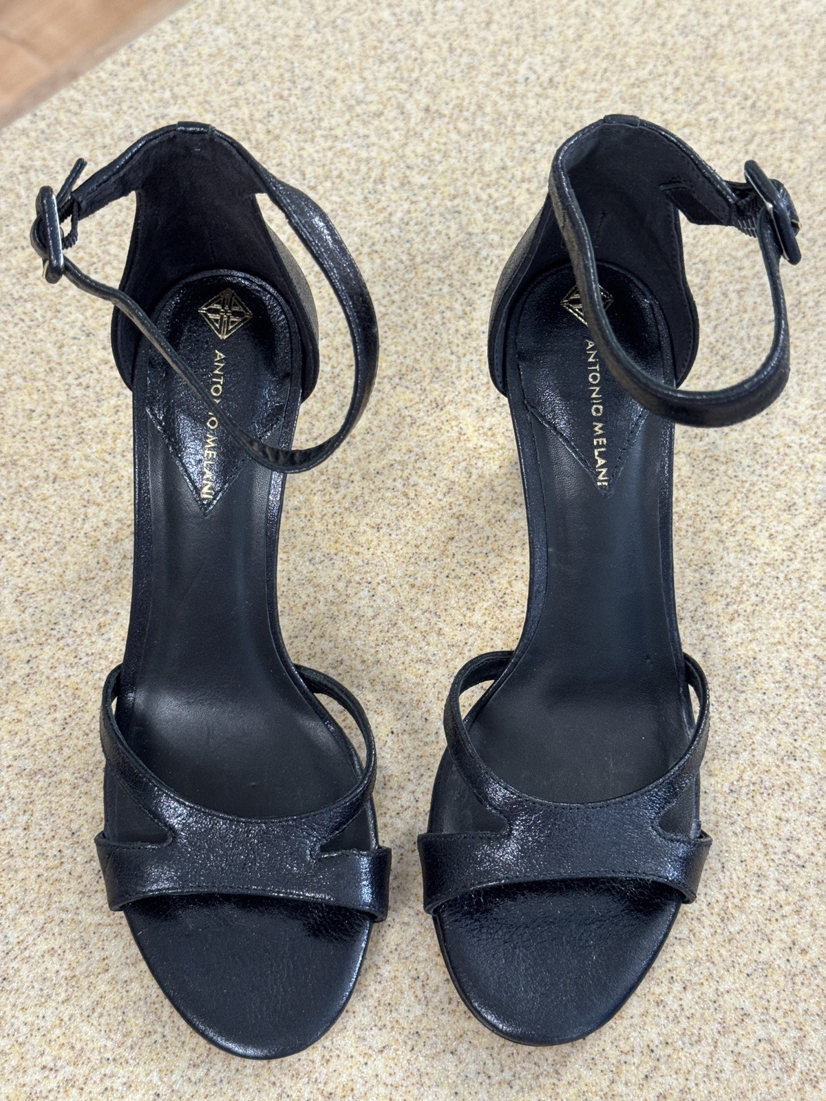 Antonio Melani Black Leather Gold Heel Sandals Shoes 6 NWT Brazil Ankle Strap