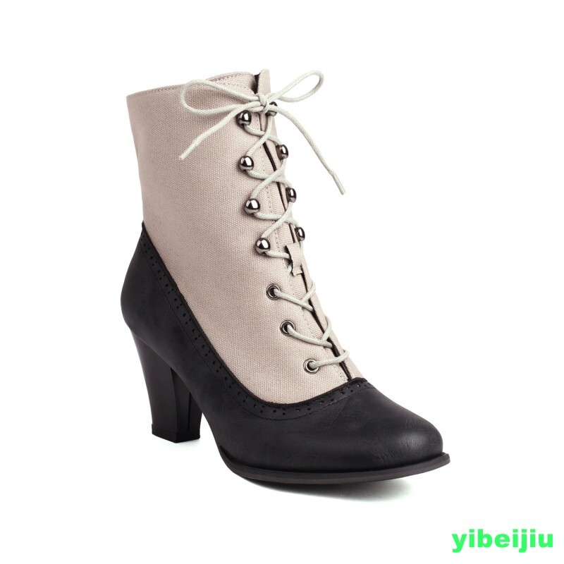 Women’s Ankle Boots Splicing Low Heel Lace Up Shoes Canvas Leather Patchwork NEW