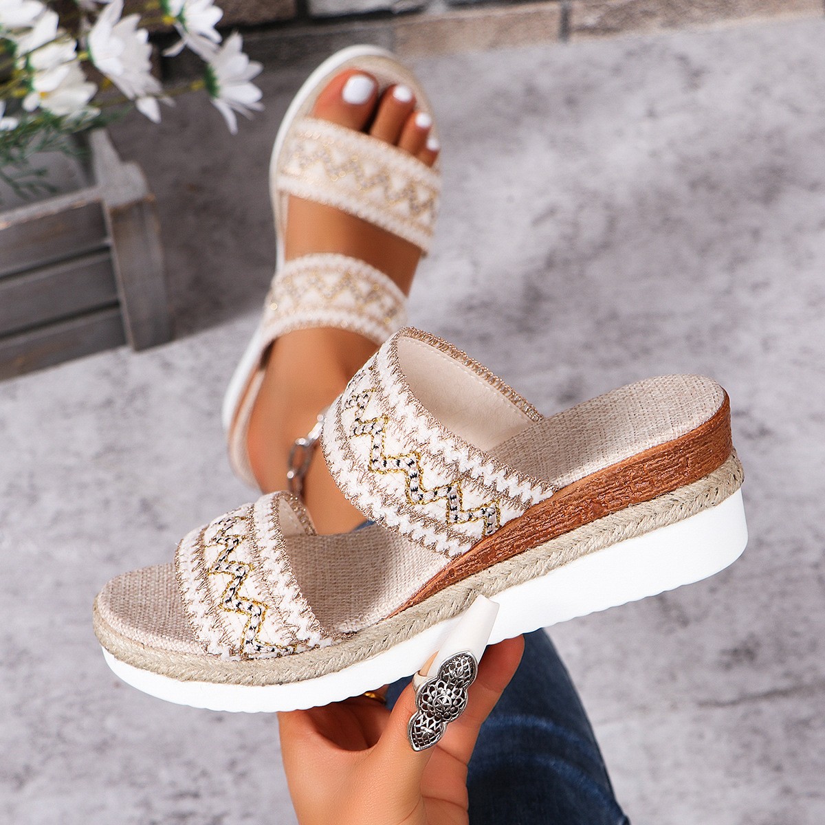 Fashion Wavy Pattern Woven Sandals Summer Casual Ethnic Style Slippers Linen Bot