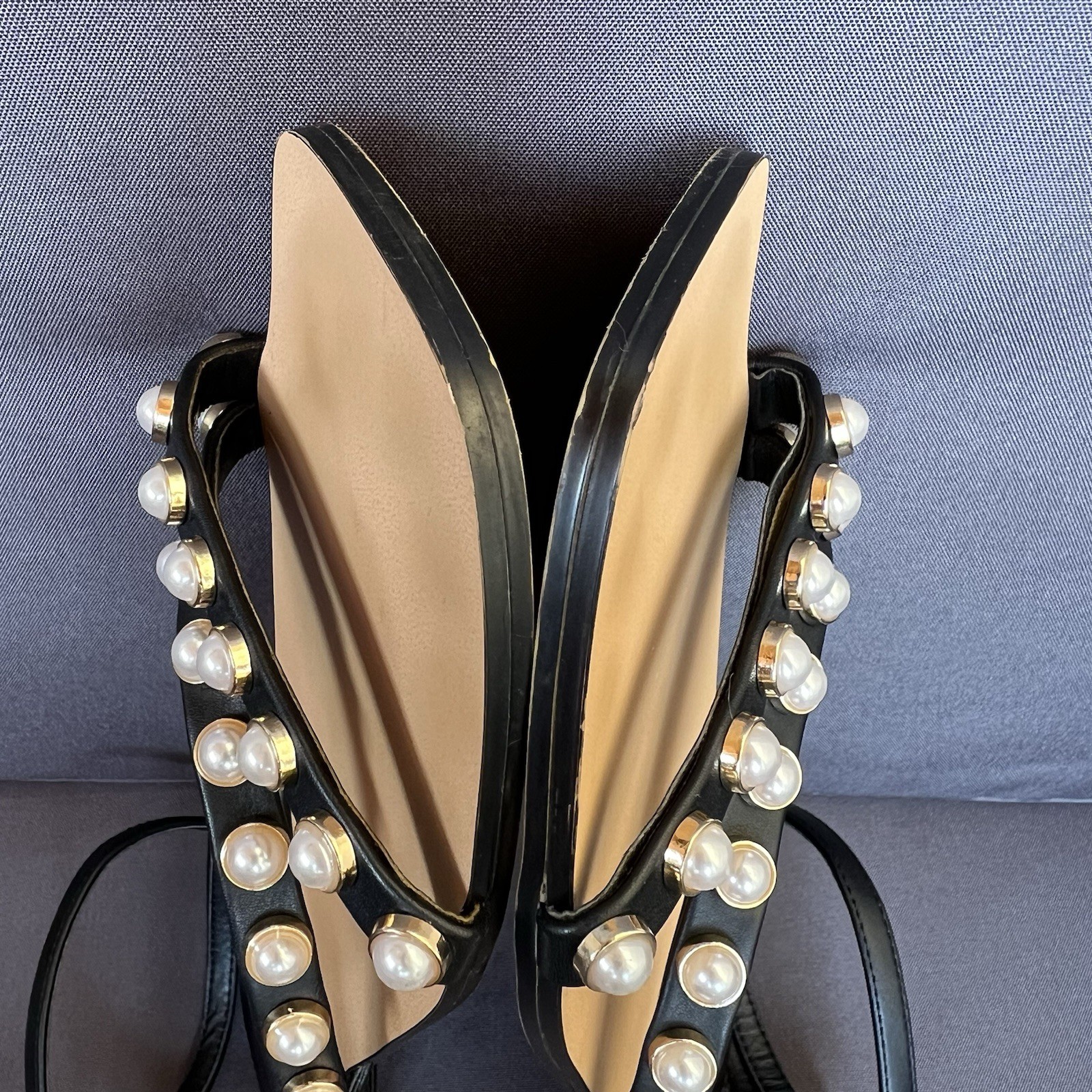 Zara Pearl Studded Flat Strappy Sandals Sz 36 US 6 Black White Gold Chic Wedding