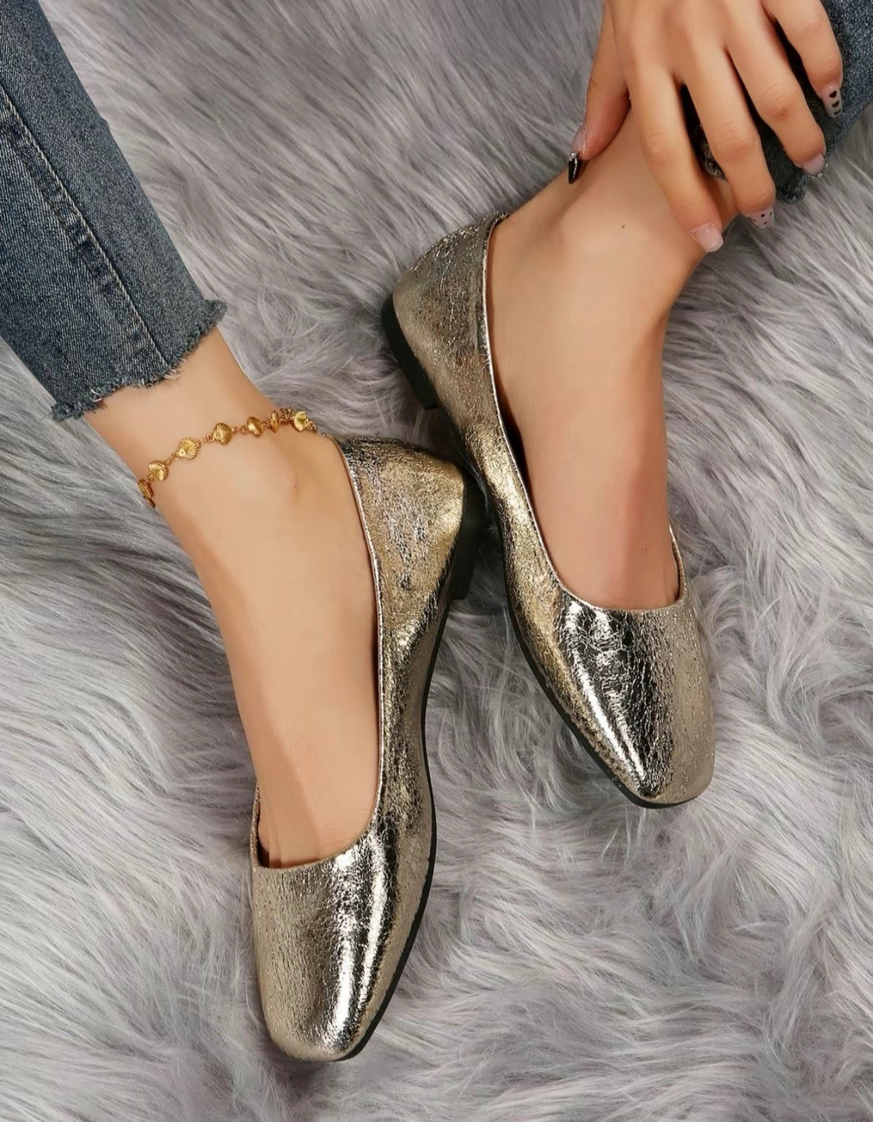 Women’s Casual Gold Daily Wear Solid Color Square Toe Flat Shoes