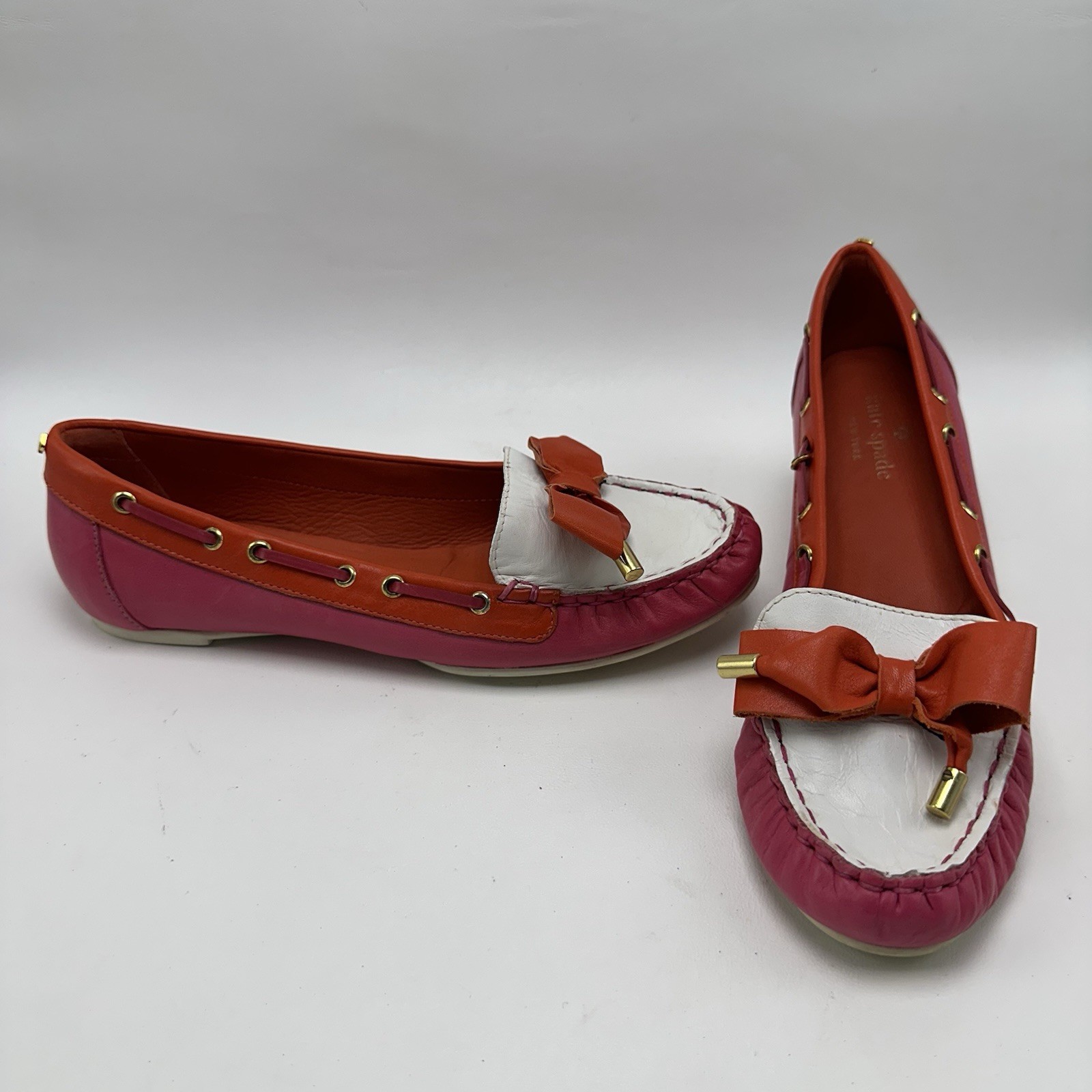 Kate Spade Boat Shoes Flats Bow Pink Red White Women’s Size 8M