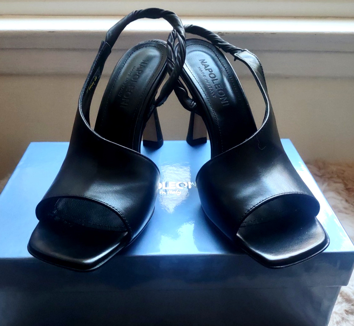 Napoleoni Leather Black Sling Back Heel Sandal sz.9.5 41 NEW Made in Italy NEW