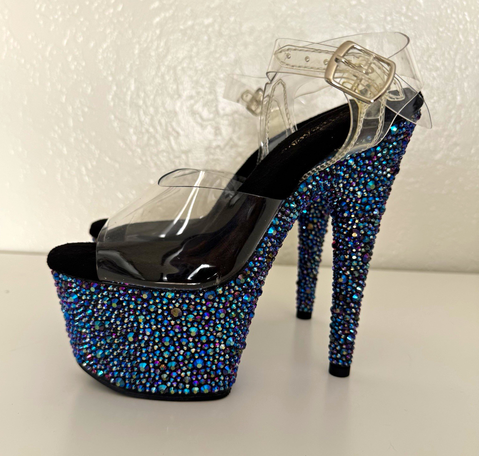 Pleaser Women’s Blue Rhinestone Platform Stiletto Heels Clear Strap 7.5