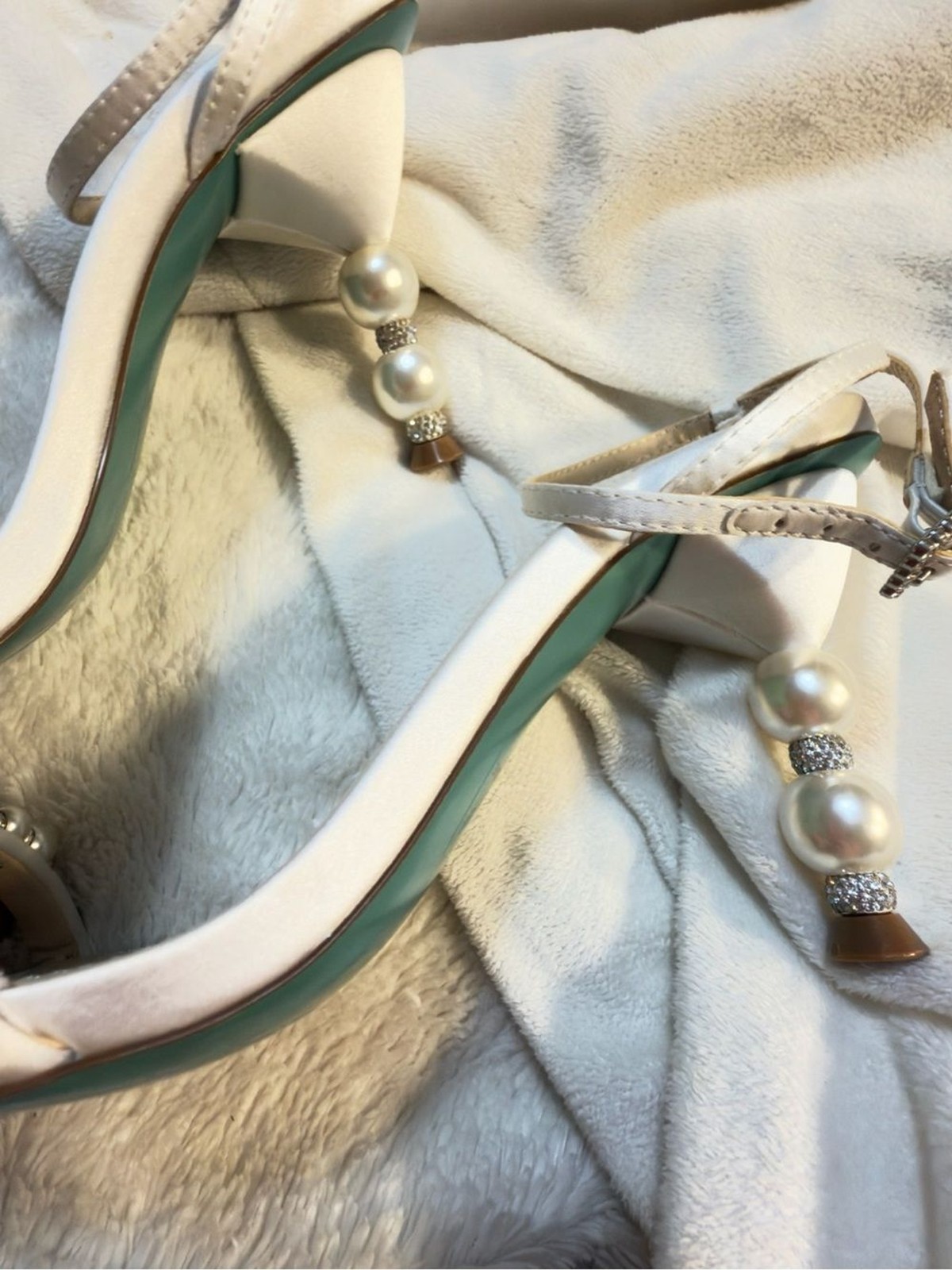 Betsey Johnson SB-Jacy Ivory Pearl-Embellished Ankle Strap Heels size 7.5