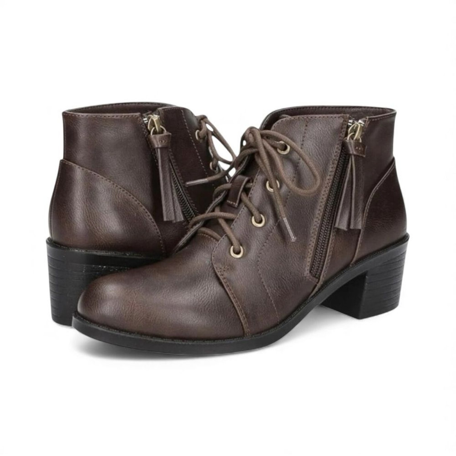 Easy Street Becker Lace Up Zip Ankle Boots Brown Faux Leather 7.5 Extra Wide NEW