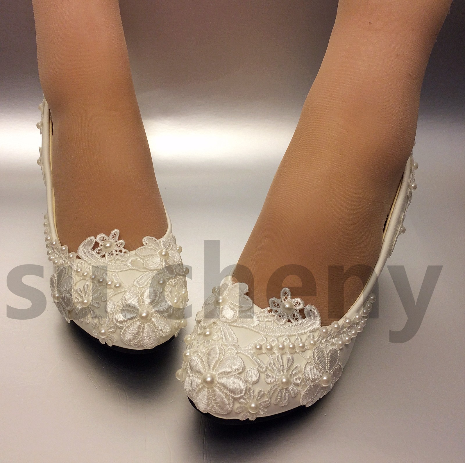 su.cheny Lace white ivory pearls flats low high heel pumps Wedding Bridal shoes