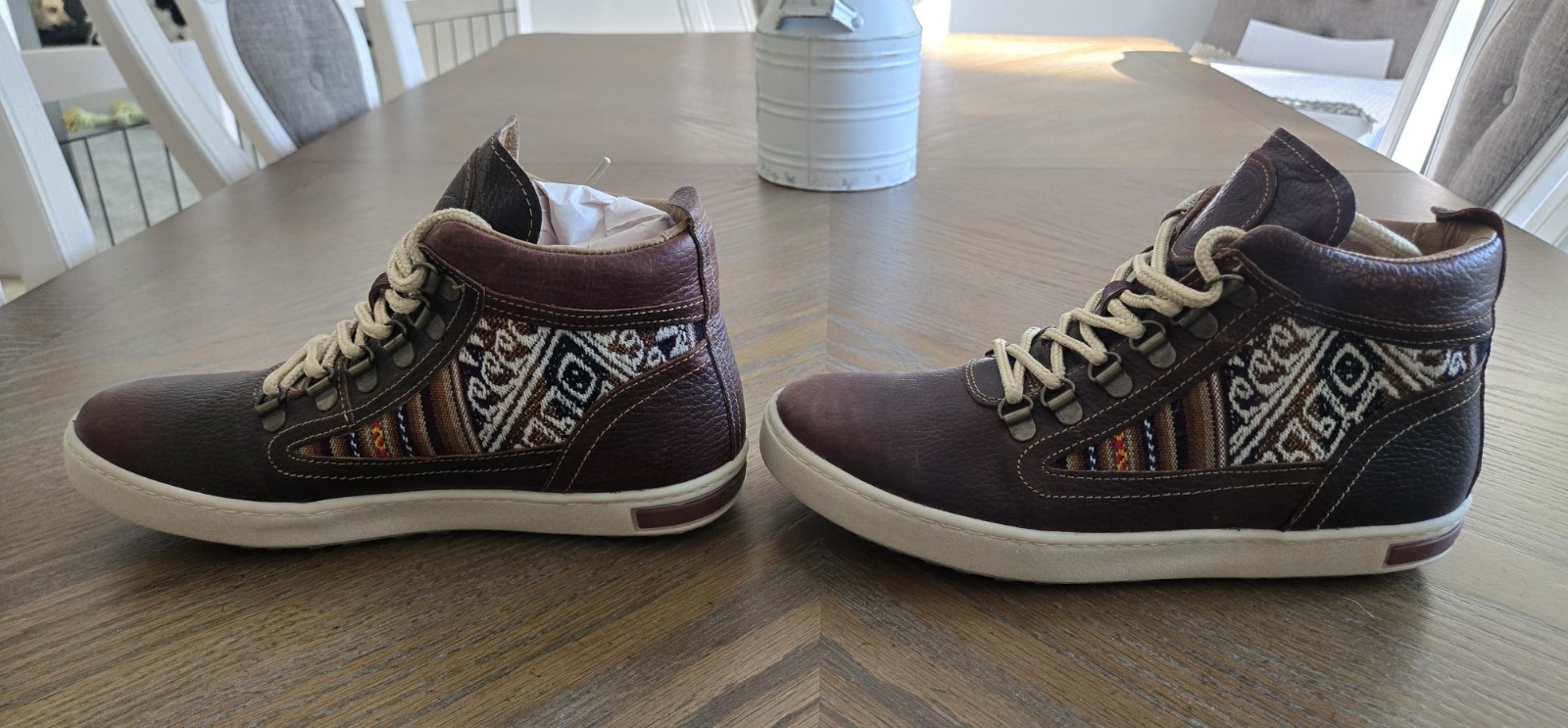 NEW $150 Inkkas Brown Leather Mid Top Geometric Lace Up Sneakers Bohemian Sz9