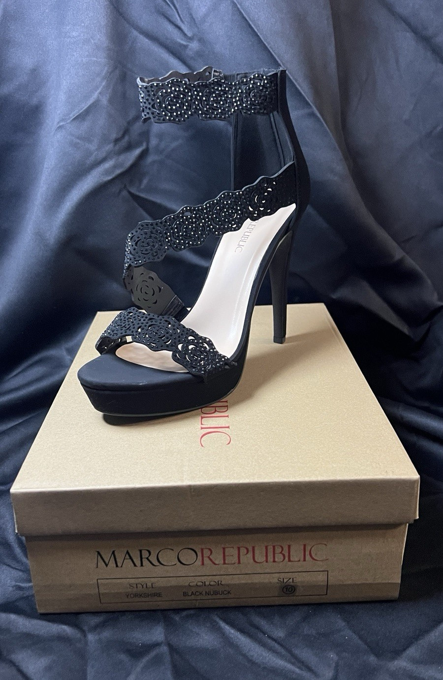 Marco Republic Womens Black Faux Suede Strappy Ankle Strap Open Toe Heels 10