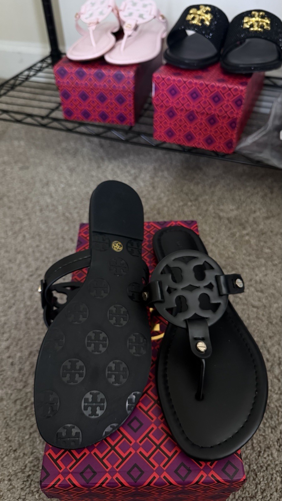 Tory Burch Women’s Black Leather Thong Sandals Logo Slip-On Size 7.5