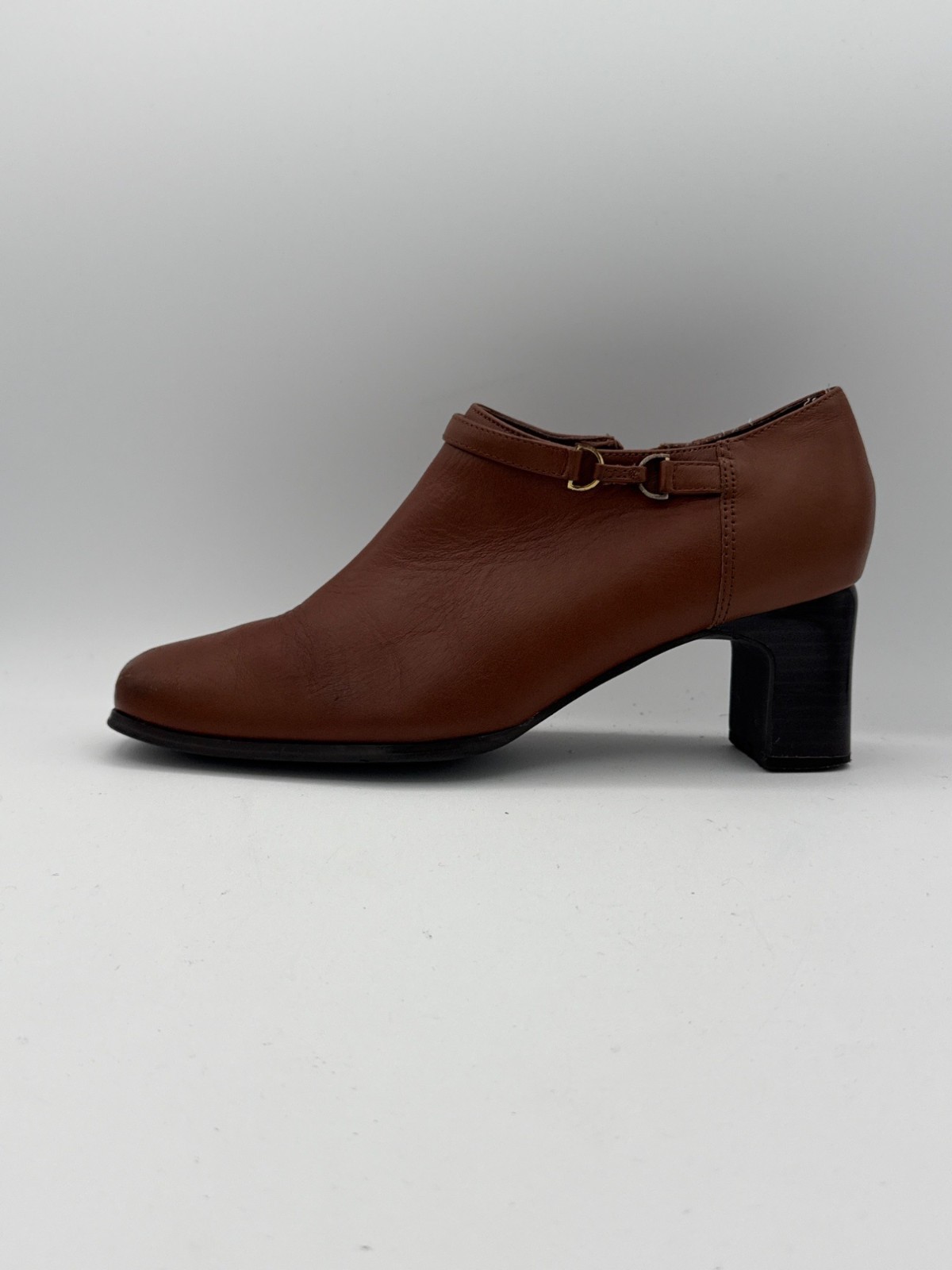 AJ Valenci Brown Leather Block Heel Ankle Booties With Side Zipper & Strap 7W