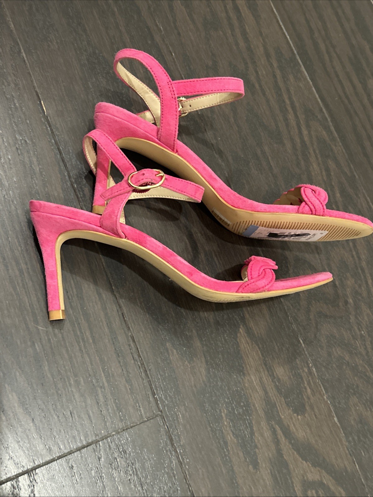 Stuart Weitzman Dancer Twistie SANDALS Heels Size 5 Peonia Pink Suede NEW $450