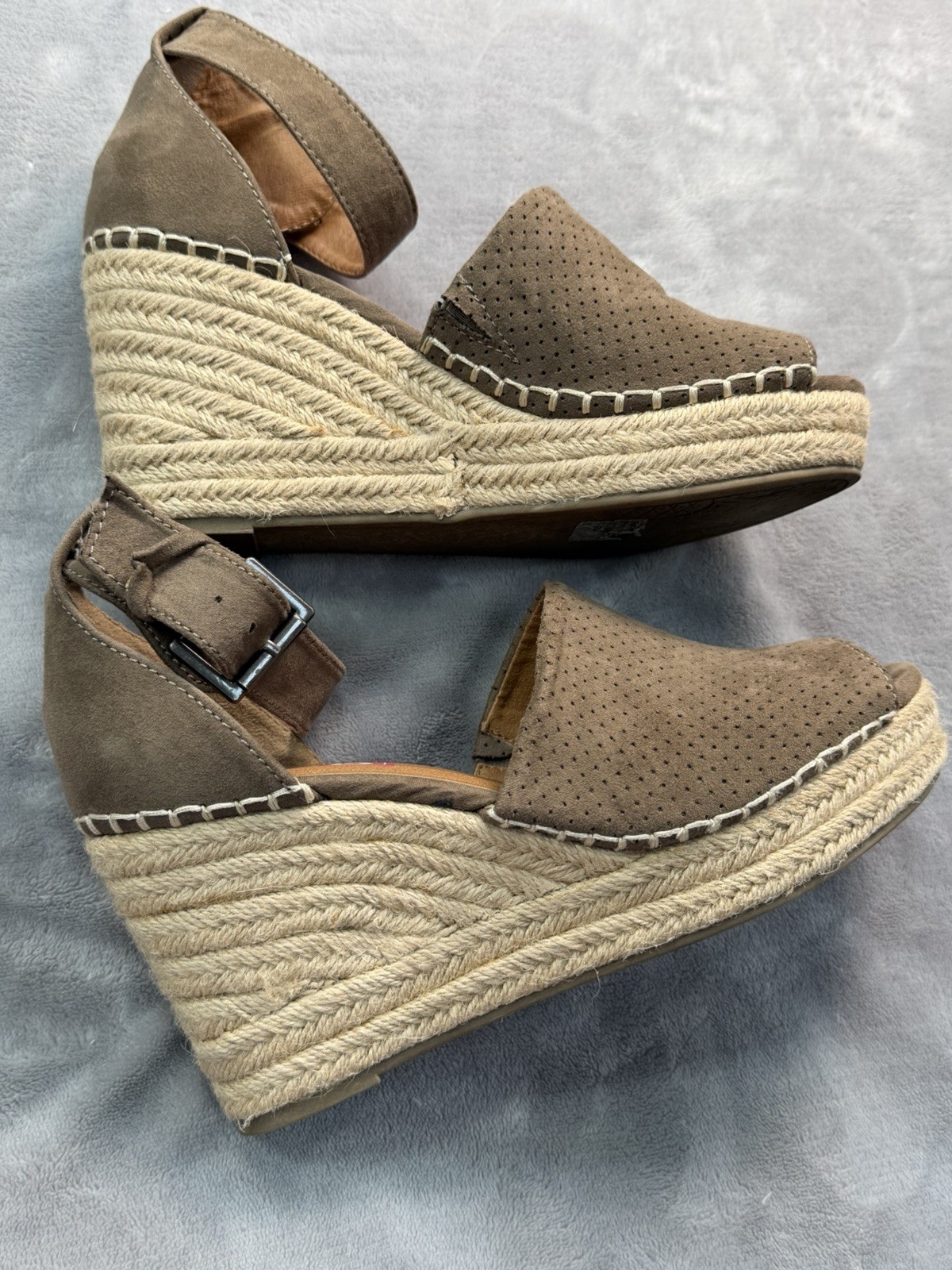 POP Women’s Taupe Suede Espadrille Wedge Sandals Perforated Ankle Strap