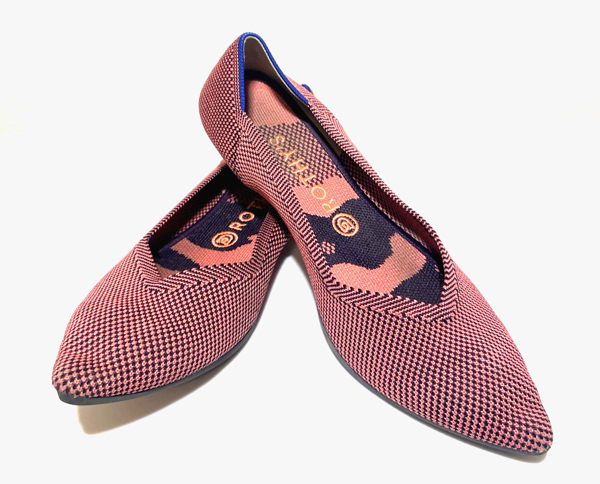 Rothy’s Pink and Navy Patterned Pointed Toe Flat, Size 10W, retired pattern