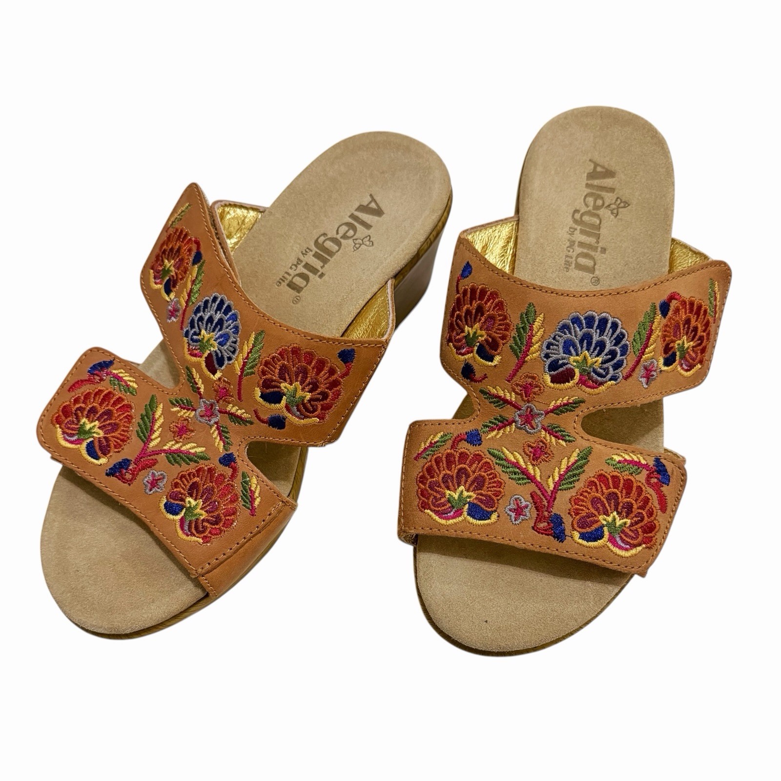 Alegria Linn Summer Sandals Boho Wedge Floral Tan Leather US 6 6.5 EU 36
