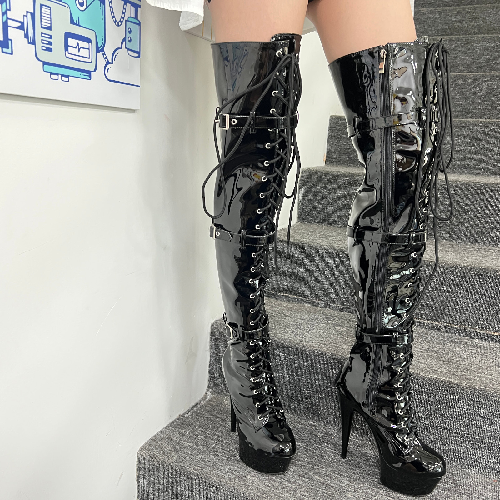 Women’s Patent Leather Thigh High Halloween Boots Zip Sexy Stripper Club Shoes