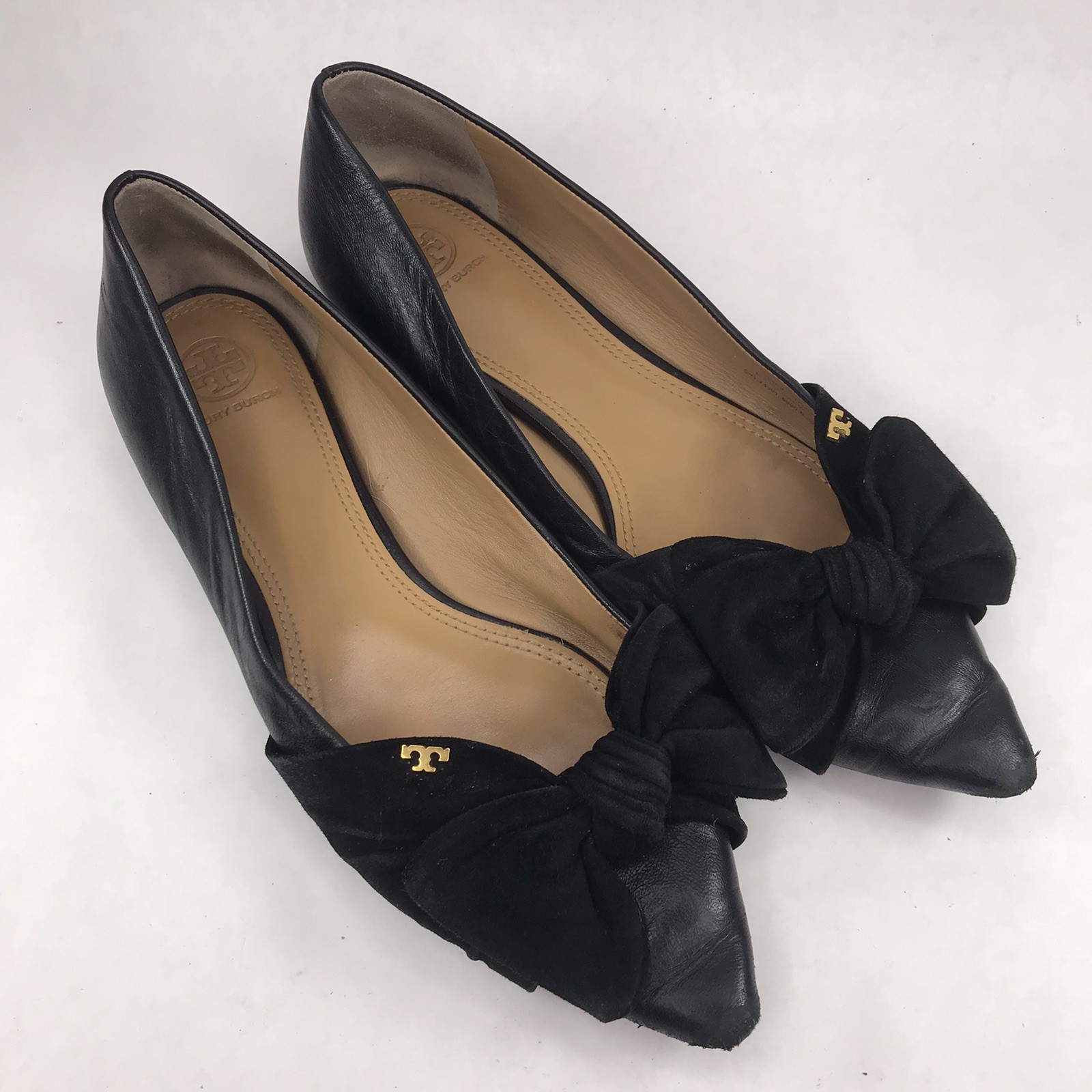 Tory Burch Women’s Size 10 Eleanor Flat Black Leather Bow Pointed Toe Shoes
