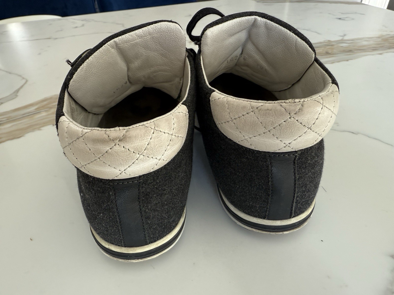 CHANEL High Top Sneakers Black Wool White Quilted Leather CC Logo Italy 7.5 -8