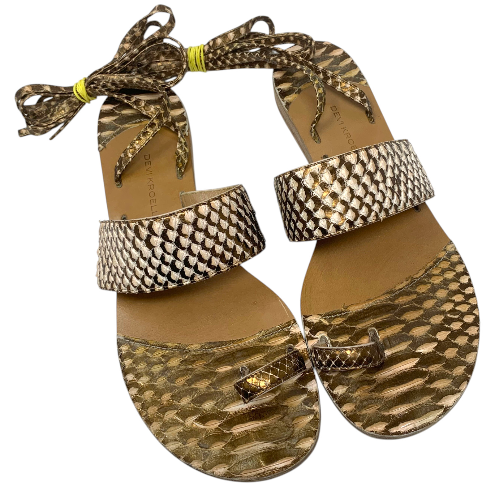 Devi Kroell Python Snakeskin Metallic Ankle Wrap Sandals Sz EU 37 Made in Italy