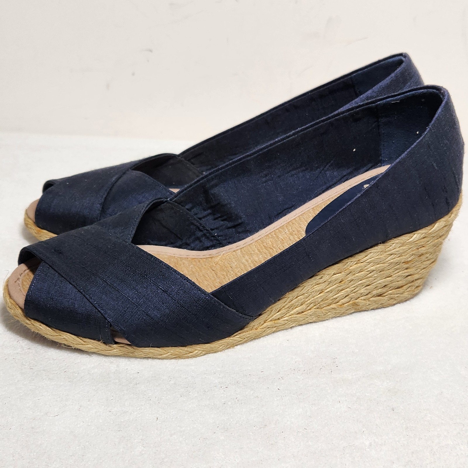 Ralph Lauren Cecilia Shantug Espadrille Wedges Women’s 8.5 Silk Peep Toe Blue