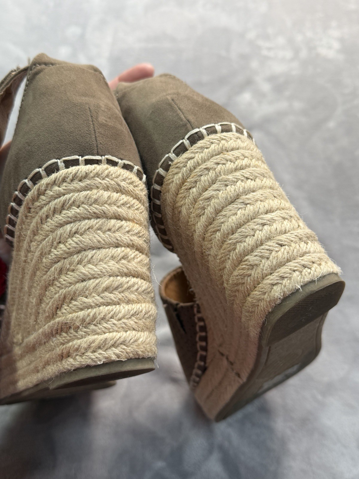 POP Women’s Taupe Suede Espadrille Wedge Sandals Perforated Ankle Strap