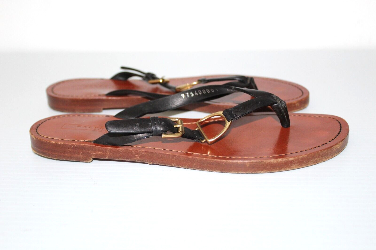 Ralph Lauren Collection Black Leather Thong Sandals Gold Stirrup Size 6.5B