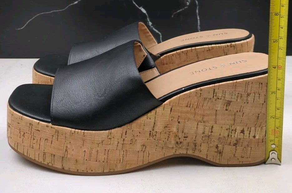 Sun + Stone Women’s Finleighh Faux Leather Wedge Sandal, Black, 9.5 Medium (B,M)