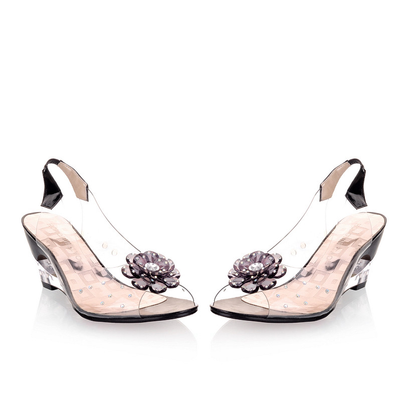 Women’s Peep Toe Flower Rhinestone Clear Sandals Mid Wedge Heel Slingbacks Shoes