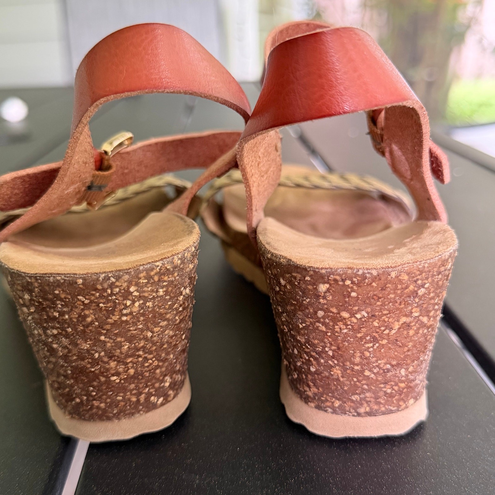 Bjorndal Womens Cork Wedge Sandals Orange Coral Ankle Strap Platform Heel [Size]