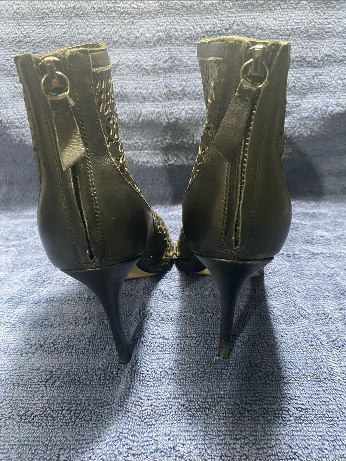 Badgley Mischka “July”Leather Black Laser-Cut Peep-Toe Stiletto Booties