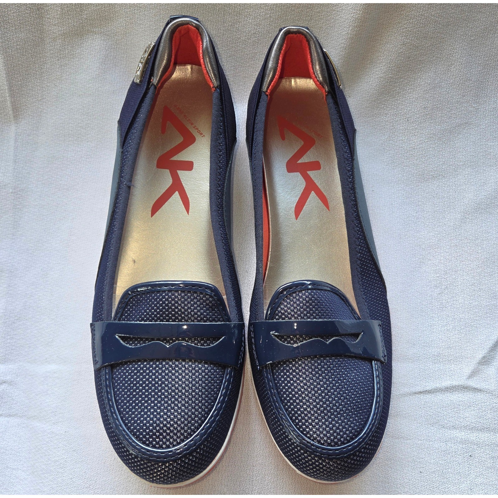 Anne Klein Sport Welcome Navy Blue Patent Textile Penny Loafers Shoes 8.5M