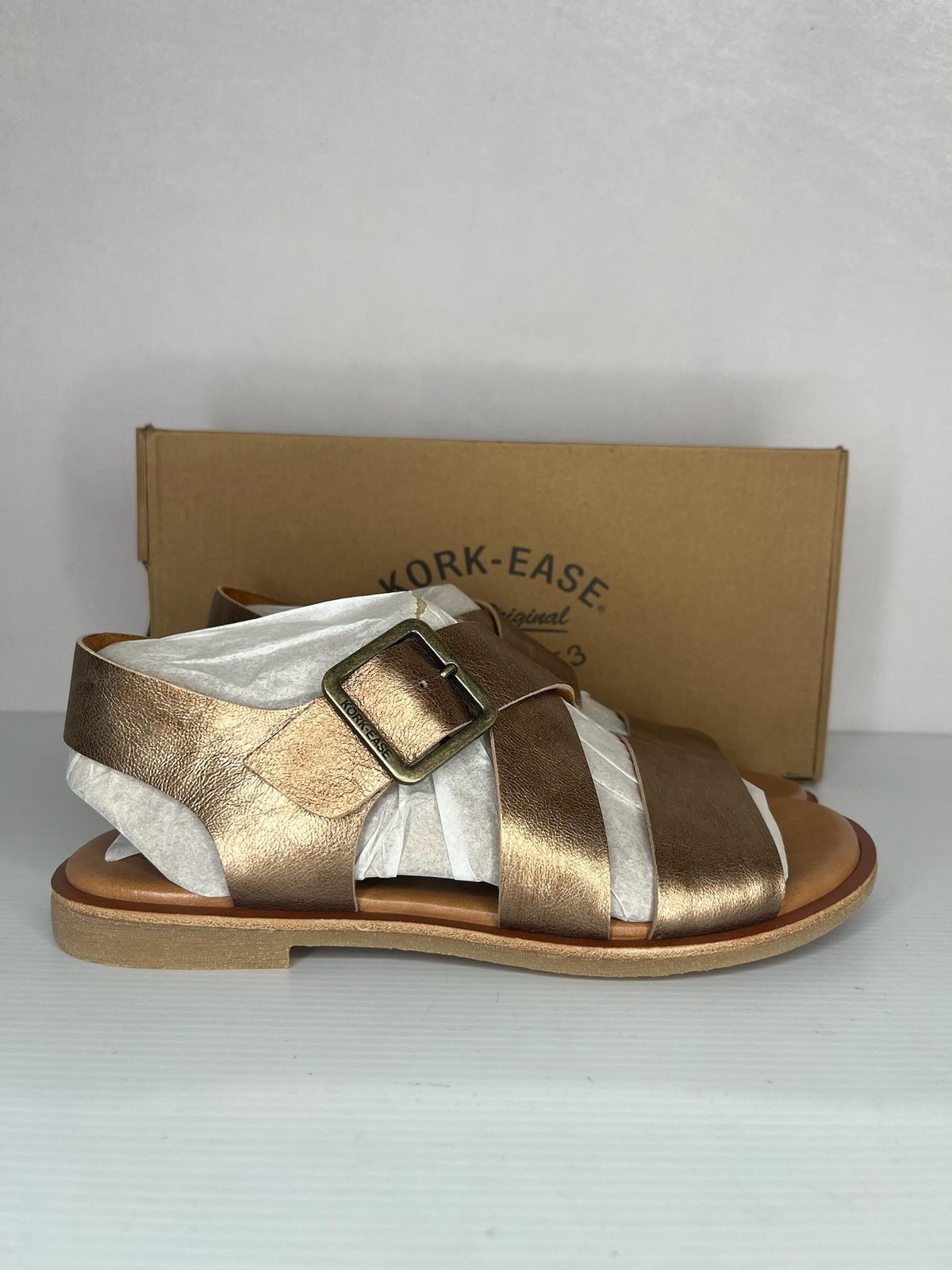 Kork-Ease Sandals Womens Size 8 Gold Dara Leather Strappy Flat Buckle NEW Box