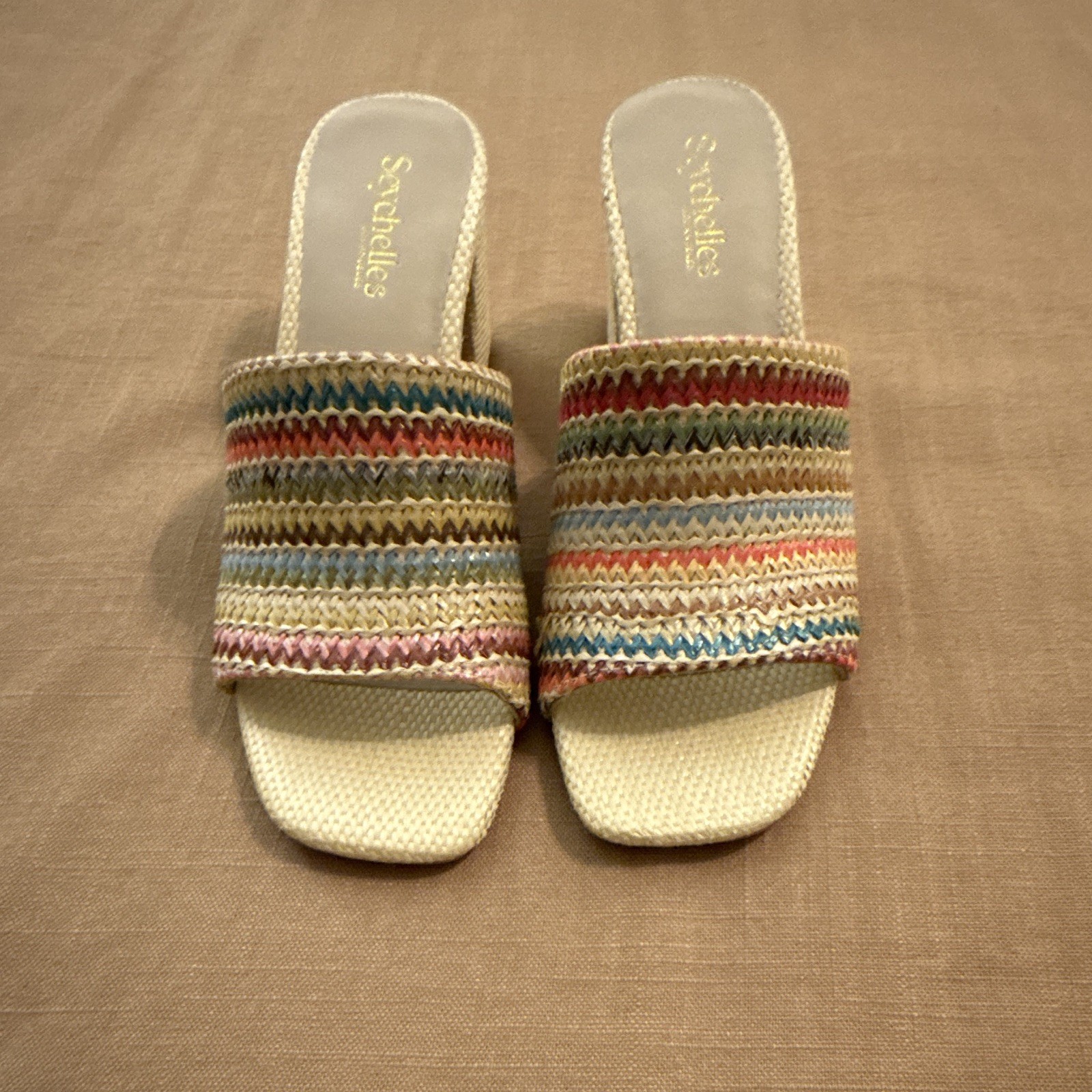 Seychelles Women’s US 7 Woven Striped Slide Sandals Multicolor Beige Block Heel