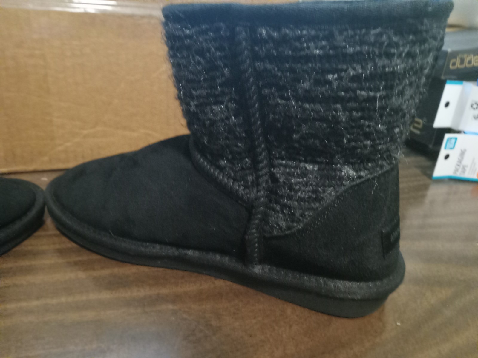 Minnetonka Black Leather Fabric Faux Fur Lined Ankle Boot 86410 Women’s Sz 10 M
