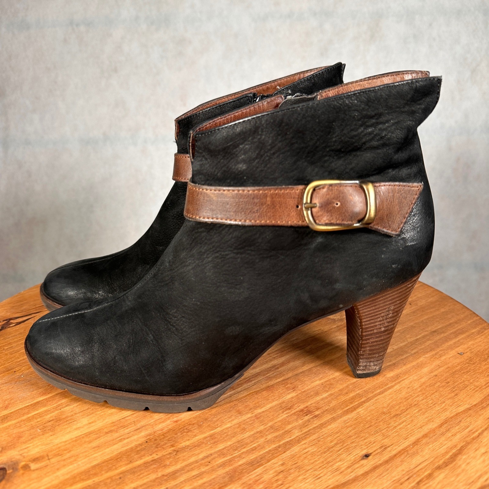 Paul Green Leather Ankle Boots Women 7 Black Brown Good Buckle Side Zip