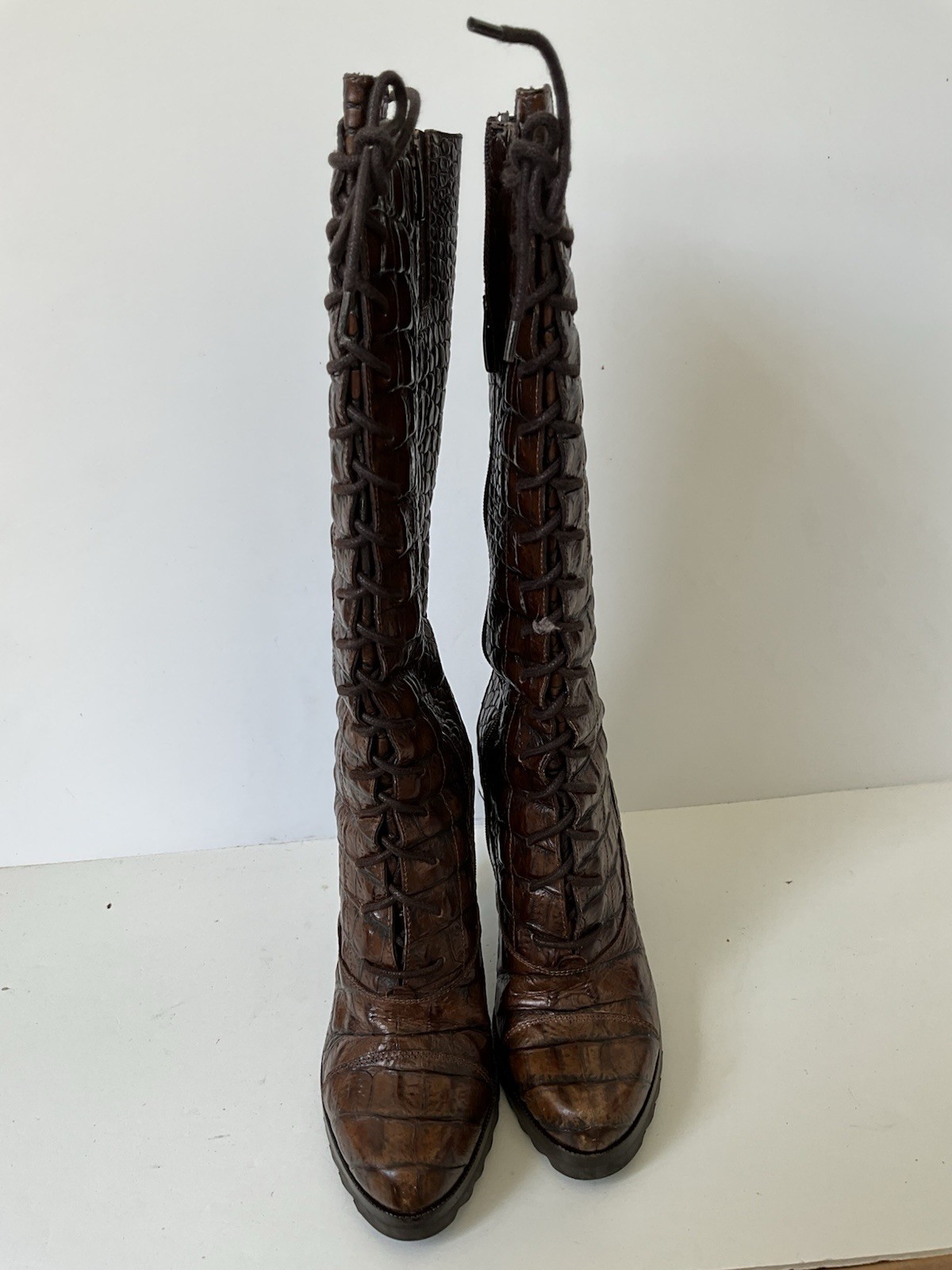 Donald J Pliner Daria Brown Croc Embossed Leather Tall Lace Up Boots Women’s 8M