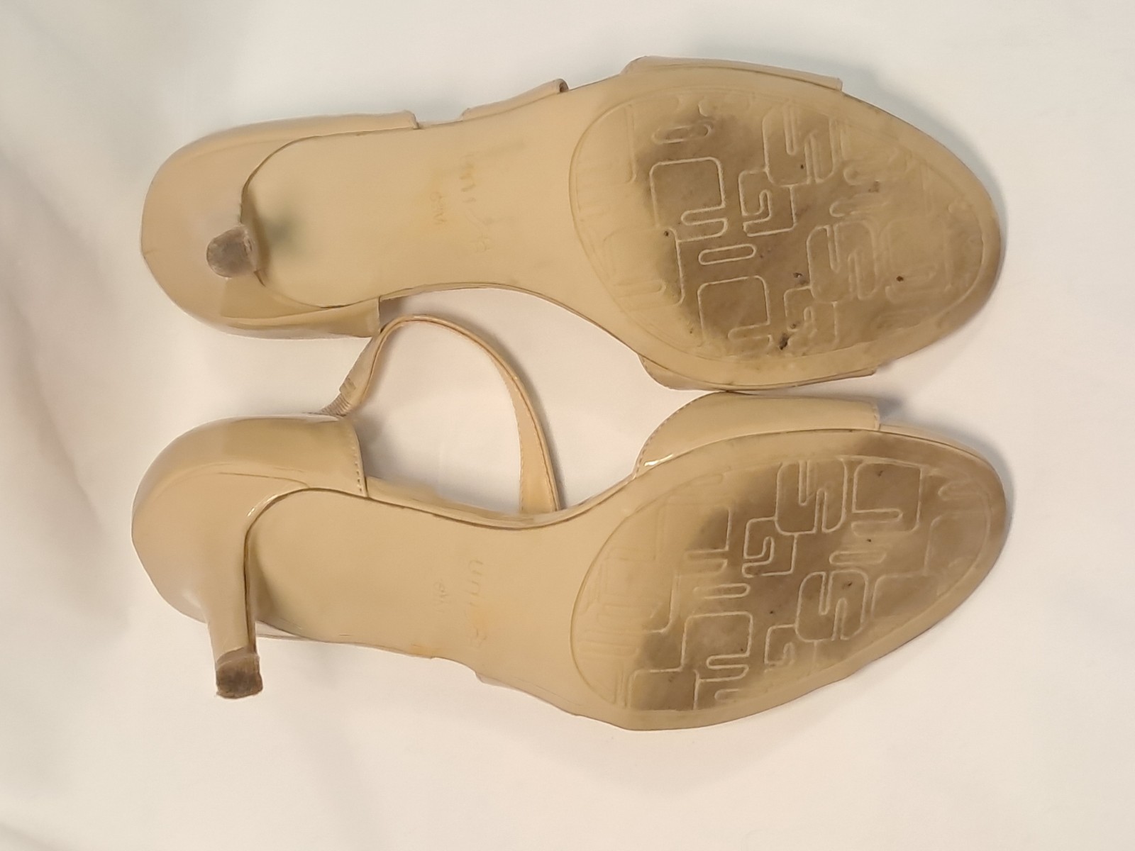 Unisa Size 6.5M Beige/Nude Patent Pumps 3.25″ Stiletto Heel Asymmetric Strap