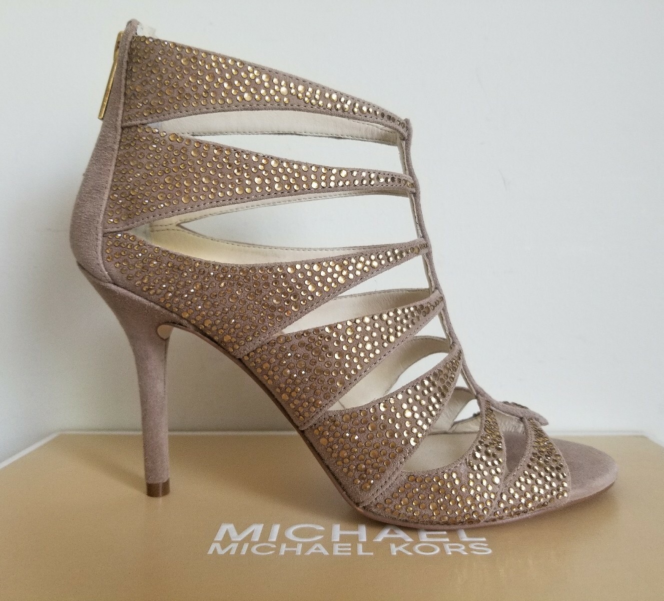 $235 Michael KORS MAVIS KHAKI MK LOGO ZIPPER CRYSTAL CAGE BOOTS 6 I LOVE SHOES